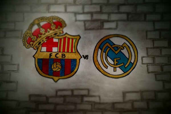 Emblems of Barcelona and Madrid football clubs