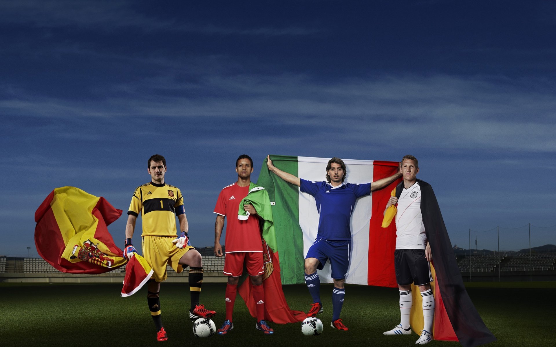 euro 2012 piłka nożna hiszpania włochy niemcy portugalia półfinaliści adidas sport casillas iker bastian schweinsteiger montolivo nani euro 2012 mistrzostwa adidas piłkarze flagi iker casilla