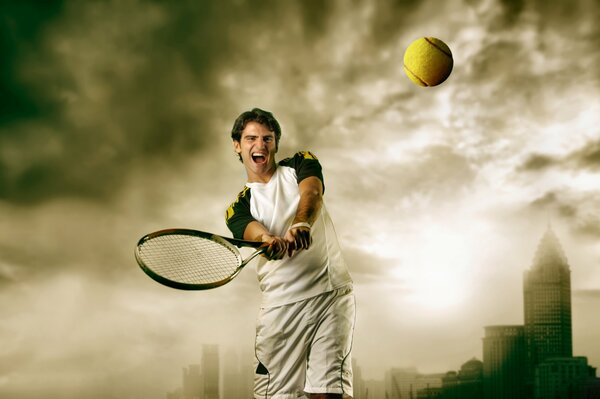 Un tenista masculino con expresión satisfecha golpea con una raqueta una pelota