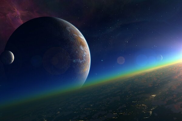 Dawn in space with a view of the earth