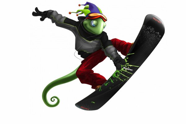 Lizard snowboarder in a bright hat