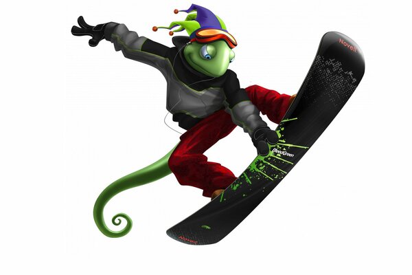 Lagarto snowboarder en una gorra brillante