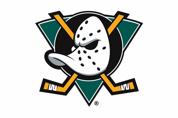 The logo of the hockey team, which depicts a mask and clubs