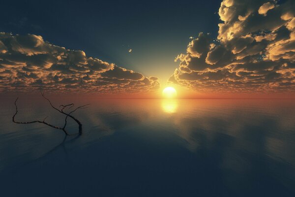 Der Sonnenuntergang über dem Meer spiegelt sich im Wasser wider