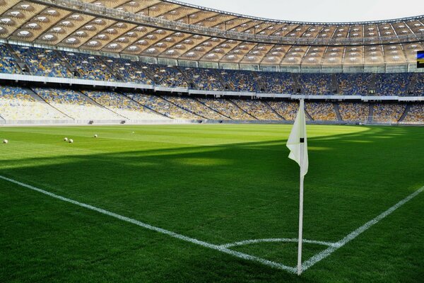 Stadion i boisko z trawą i flagą w rogu