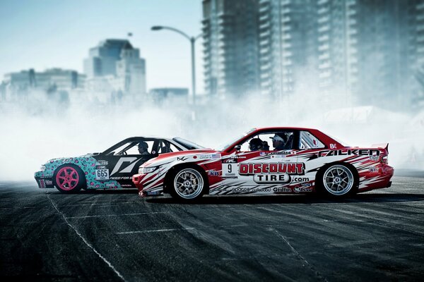 Drift sports cars on the track