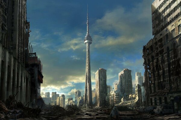 Ruins of the city of Toronto against a clear sky