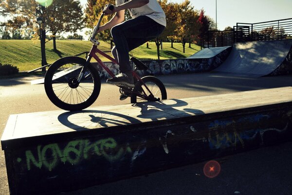 Bike stunts in a skate park