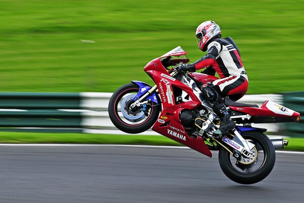 Red Yamaha racing on the back wheel