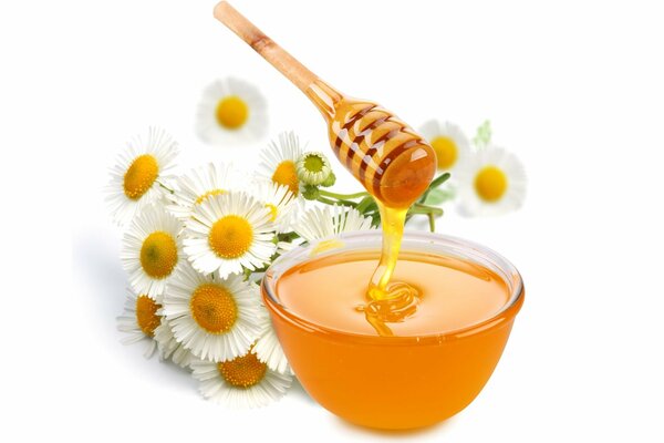 A bowl with honey on the background of daisies