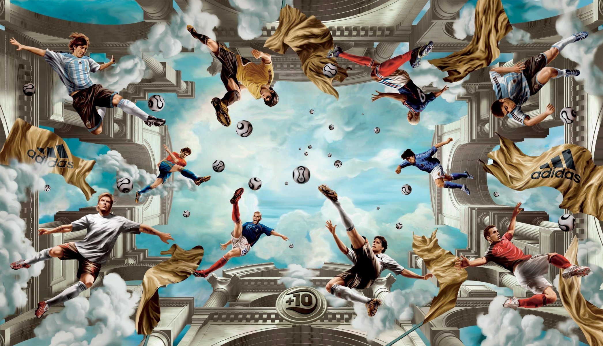 fútbol adidas beckham messi kaká zidane ballack cissé jibril balones nubes. cielo