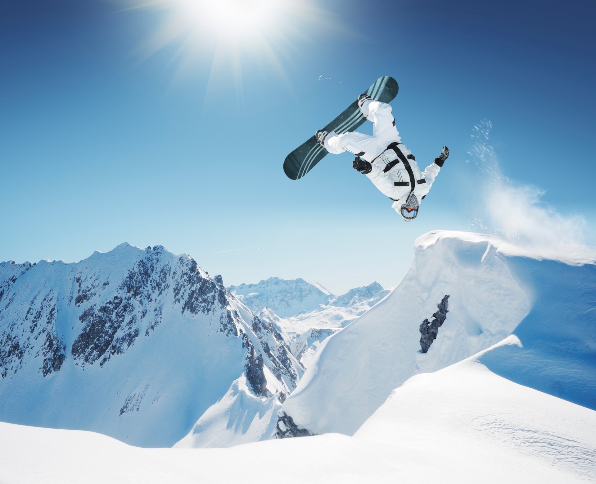 snowboard snowboard sport salto bordo inverno neve natura occhiali montagna cielo nuvole sole capriola carta da parati