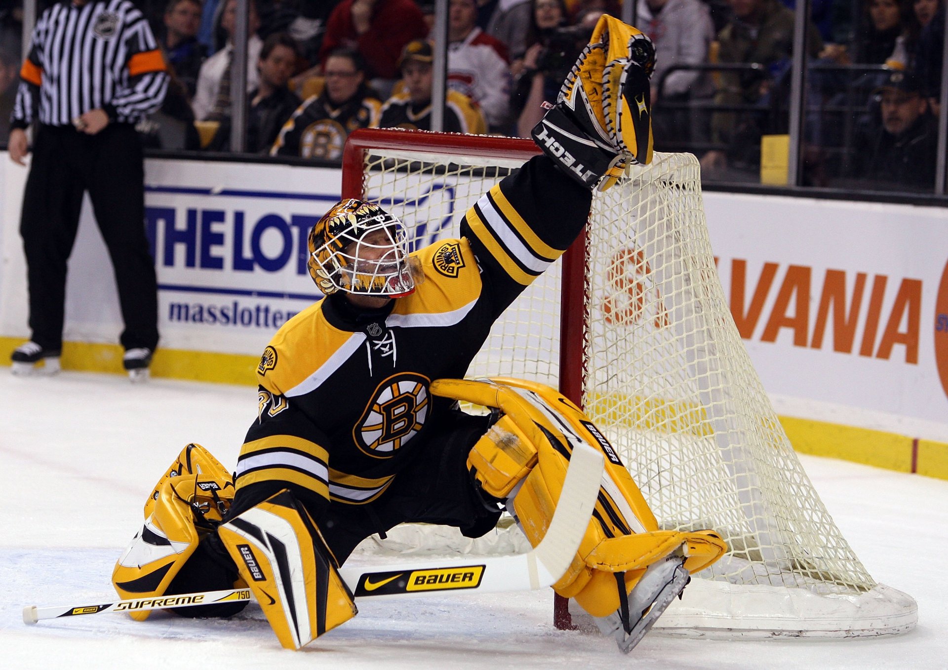 nhl hockey tim tomas boston bruins save goalkeeper jump