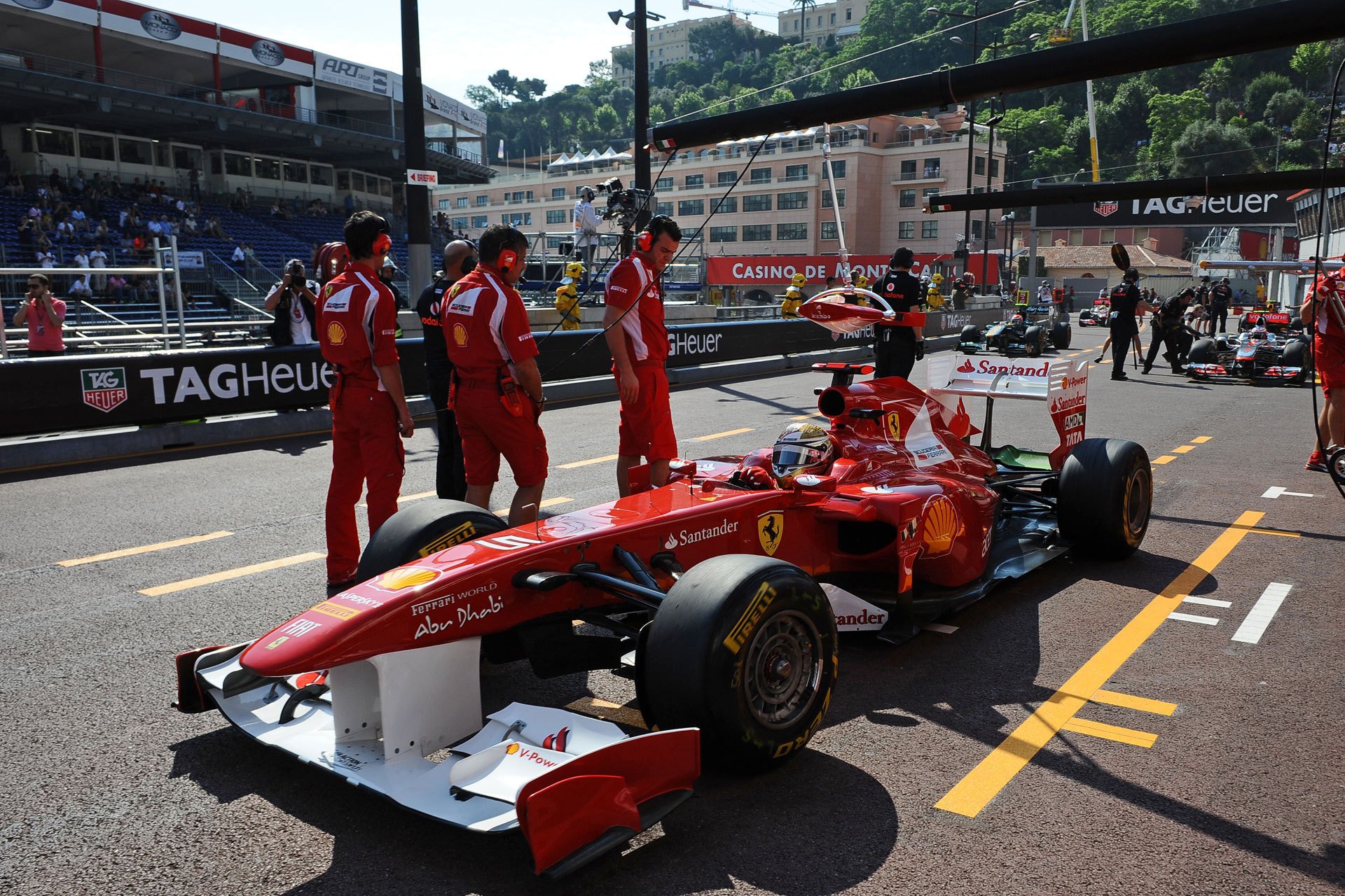 f1 fórmula 1 fórmula 1 coche ferrari 150 ° italia fernando alonso scuderia ferrari scuderia ferrari boxy pit lane gran premio de mónaco circuito urbano monte carlo 2011