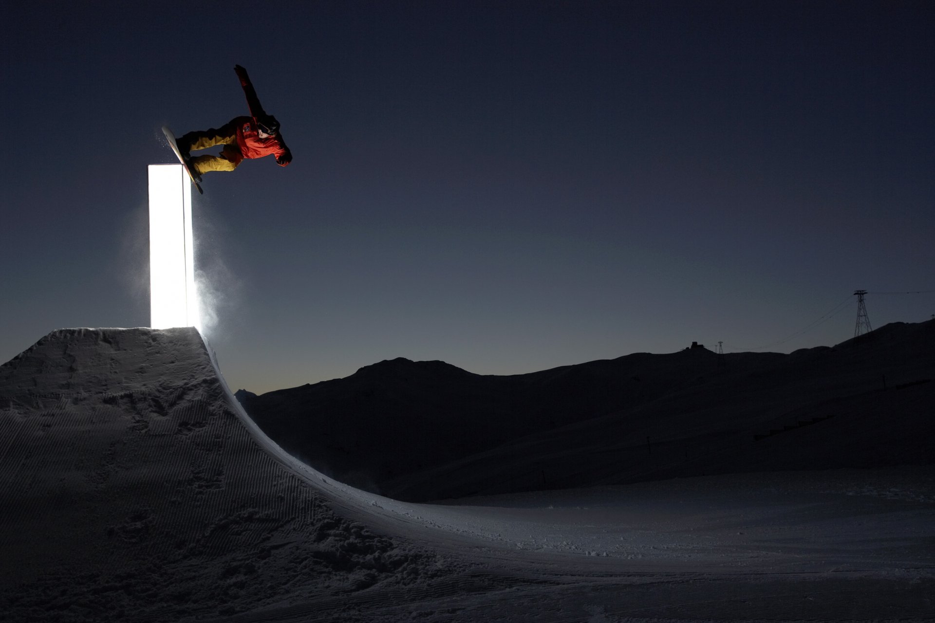 snowboard trampolín luz noche