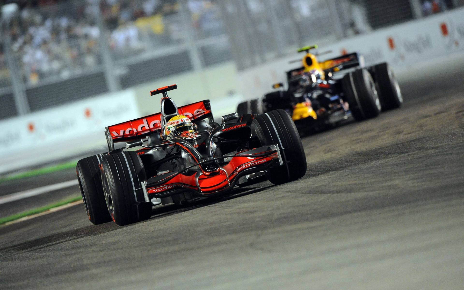 großer preis von singapur 2008 marina bay street schaltungen marina bay lichter nacht vodafone mclaren mercedes bolide mclaren mp4-23 lewis hamilton geschwindigkeit formel 1 f1 formel 1 rennen strecke strecke foto