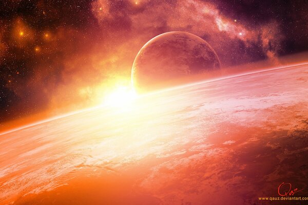 Sonnenaufgang im Weltraum vor dem Hintergrund des Planeten und der Sterne