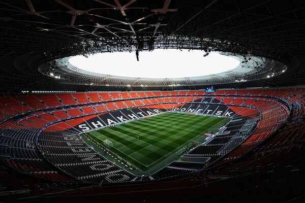 Football field in Donetsk without spectators