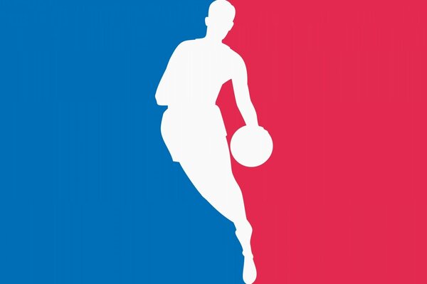 Emblema de baloncesto con silueta blanca sobre fondo rojo y azul