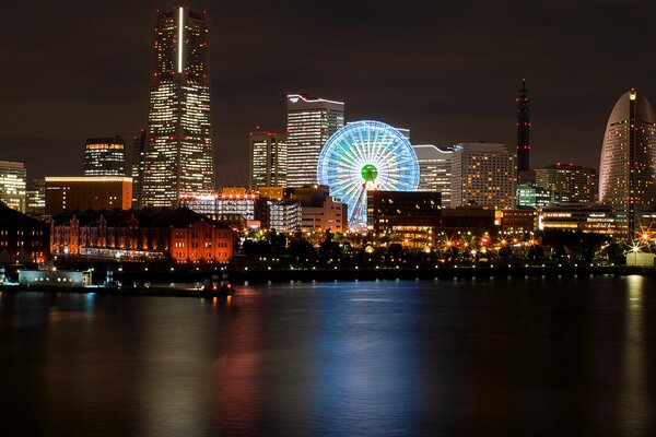 Night lights of the metropolis on the water s edge