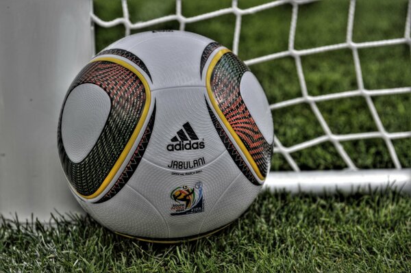 A soccer ball is lying in the grass at the gate