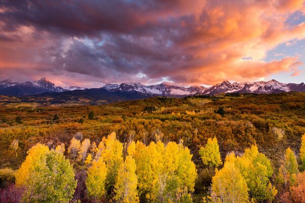 Autumn, sky, yellow forest, clouds over the mountain