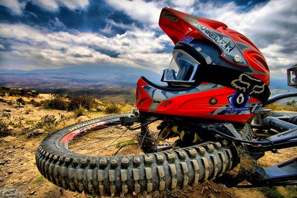 Helmet on a mountain bike wheel