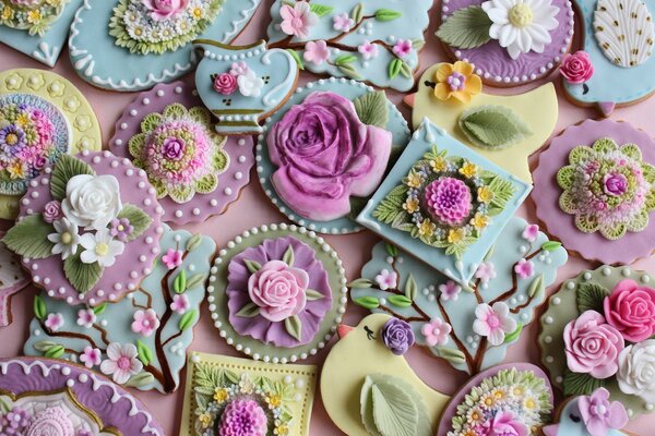 Shaped colored cookies decorated with flowers