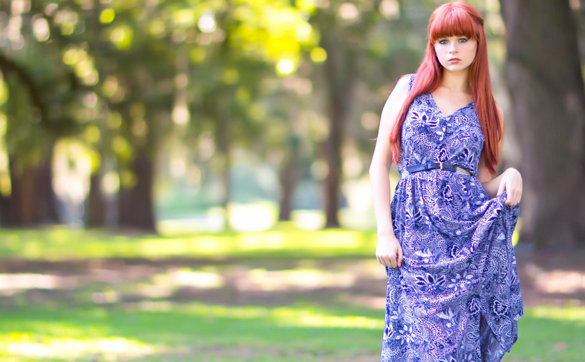 girl blue eyes red hair dress view summer park