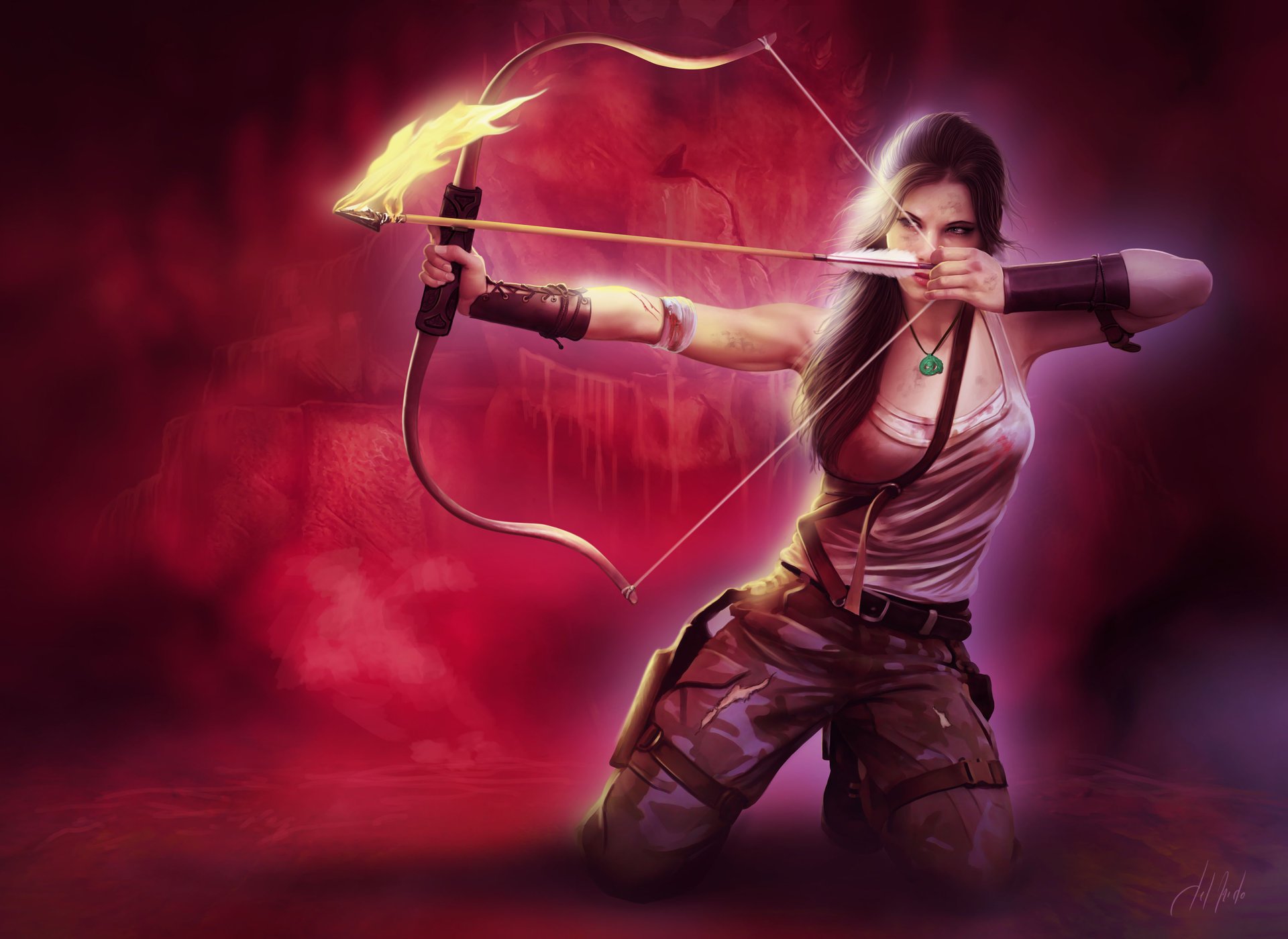 art lara croft ogień tomb raider łuk strzała dziewczyna broń