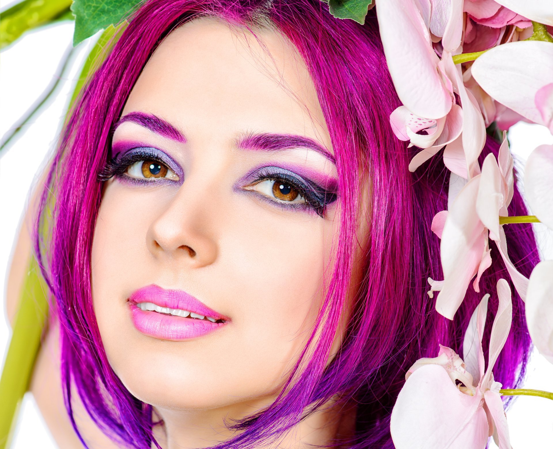 girl model make-up view bright hair eyebrow lips flower petal