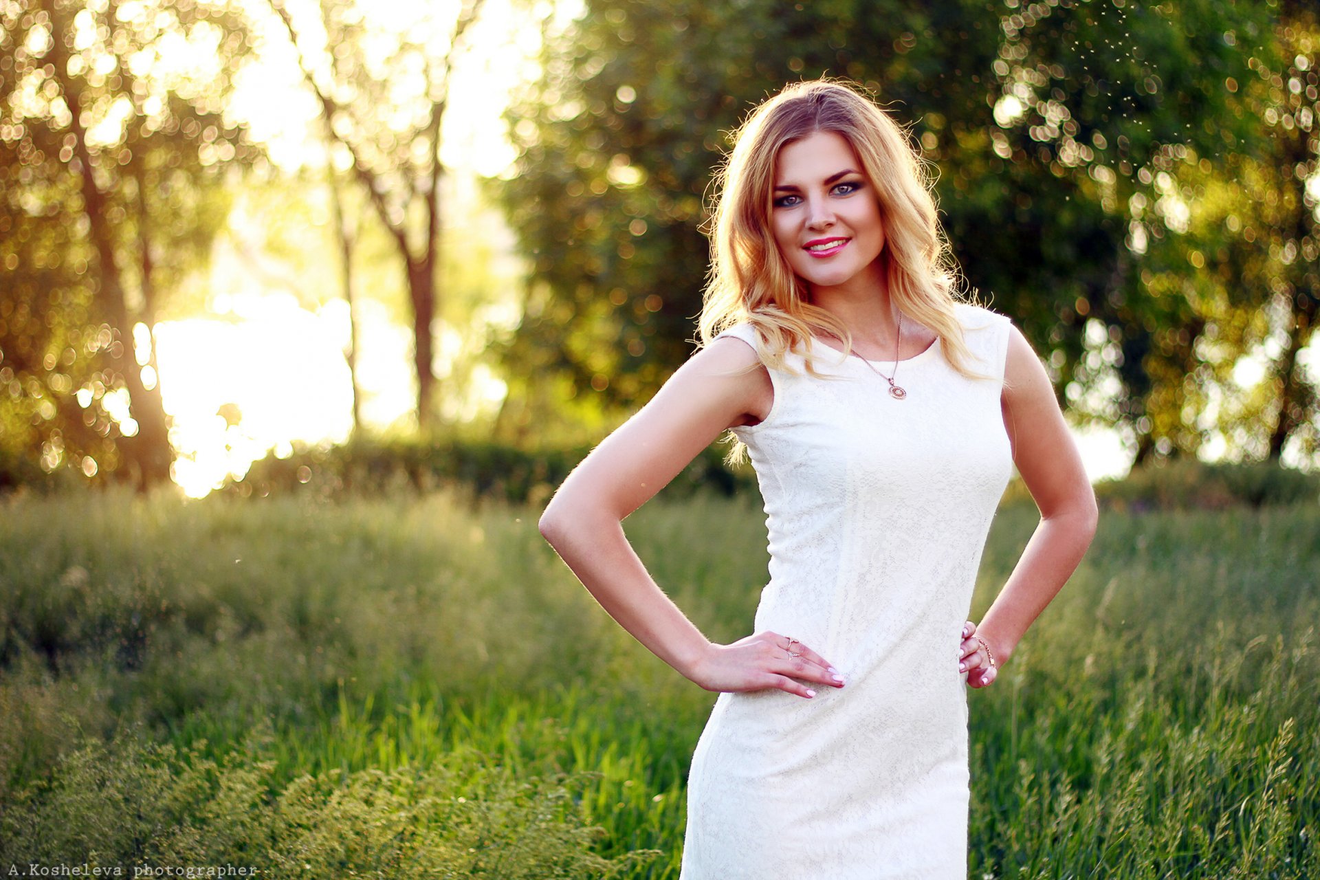 blonde white dress pose figure nature grass tree bokeh