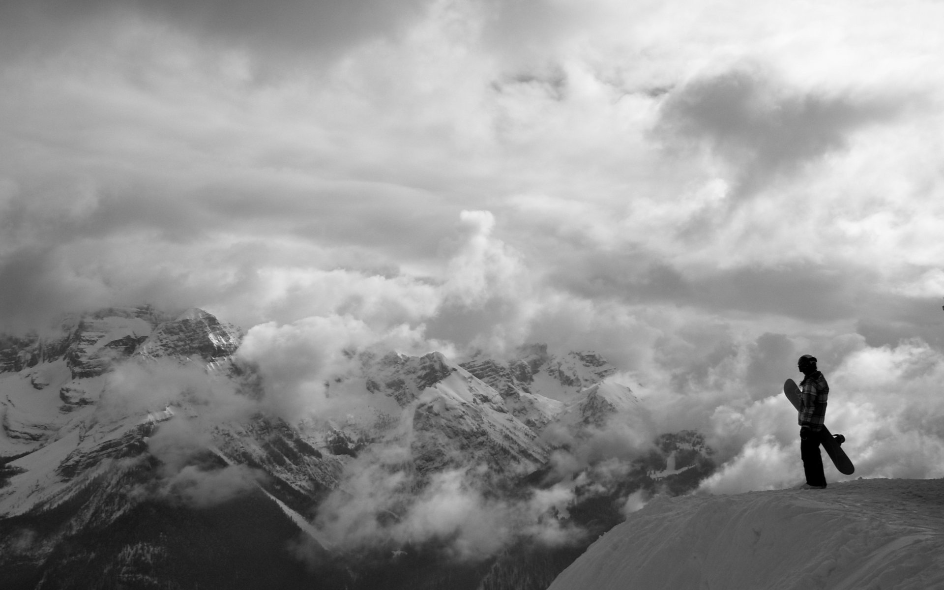 nowboarding mountains bw