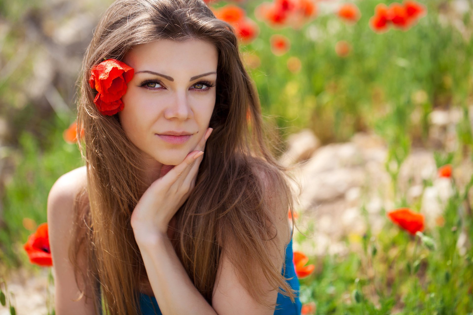 mädchen braunhaarige make-up blick feld mohnblumen