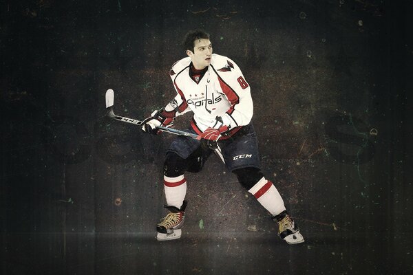 Hockey player Ovechkin with a stick