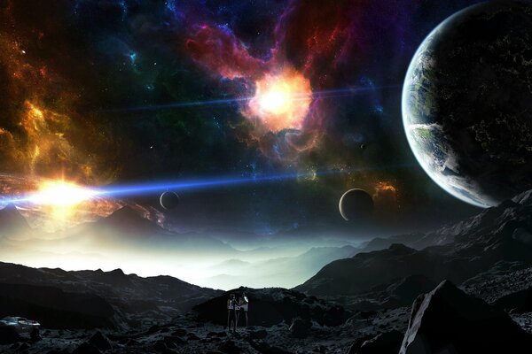 Fantastic drawing with space and planets