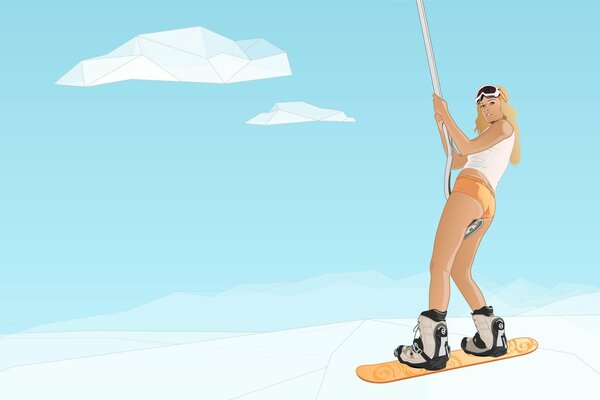 Chica desnuda en una tabla de snowboard de pie en la nieve