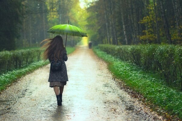 A girl under an umbrella walks along a wet road