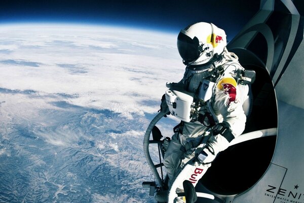 An astronaut jumps from space from a space plane