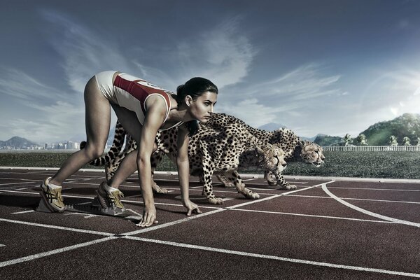 Girl and cheetah compete running
