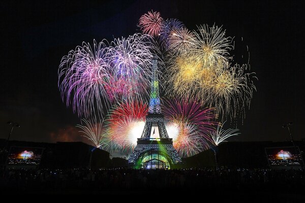 Colorful fireworks on the background of the Eiffel Tower. Fireworks in Paris