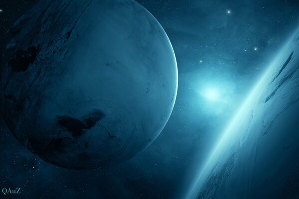 Planète bleue et les étoiles dans l espace