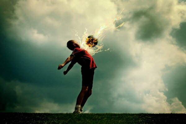 The fiery kick of a football player on the ball