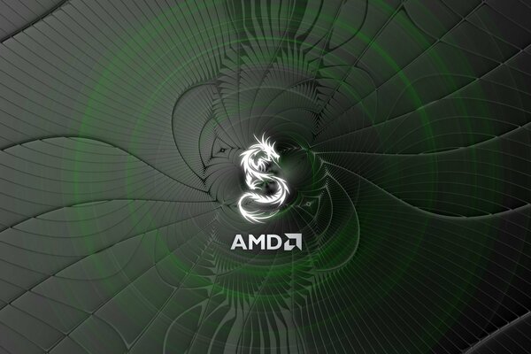 Logo AMD sur fond sombre avec des cercles verts