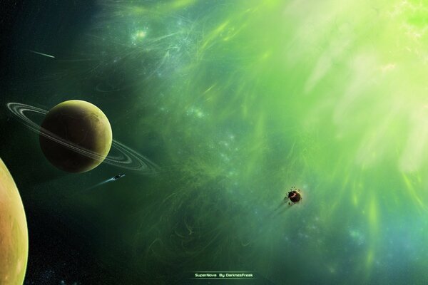 Planets and an asteroid on the background of a green nebula