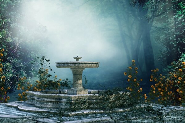 Fontaine dans le silence de la forêt et le parfum des fleurs