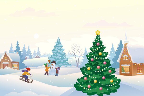 El dibujo del invierno en el pueblo con el árbol de Navidad y los niños