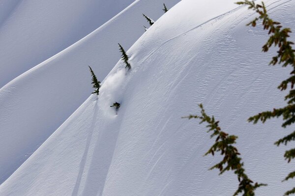 Zbocze góry pokryte śniegiem zimą z choinkami i człowiek na snowboardzie