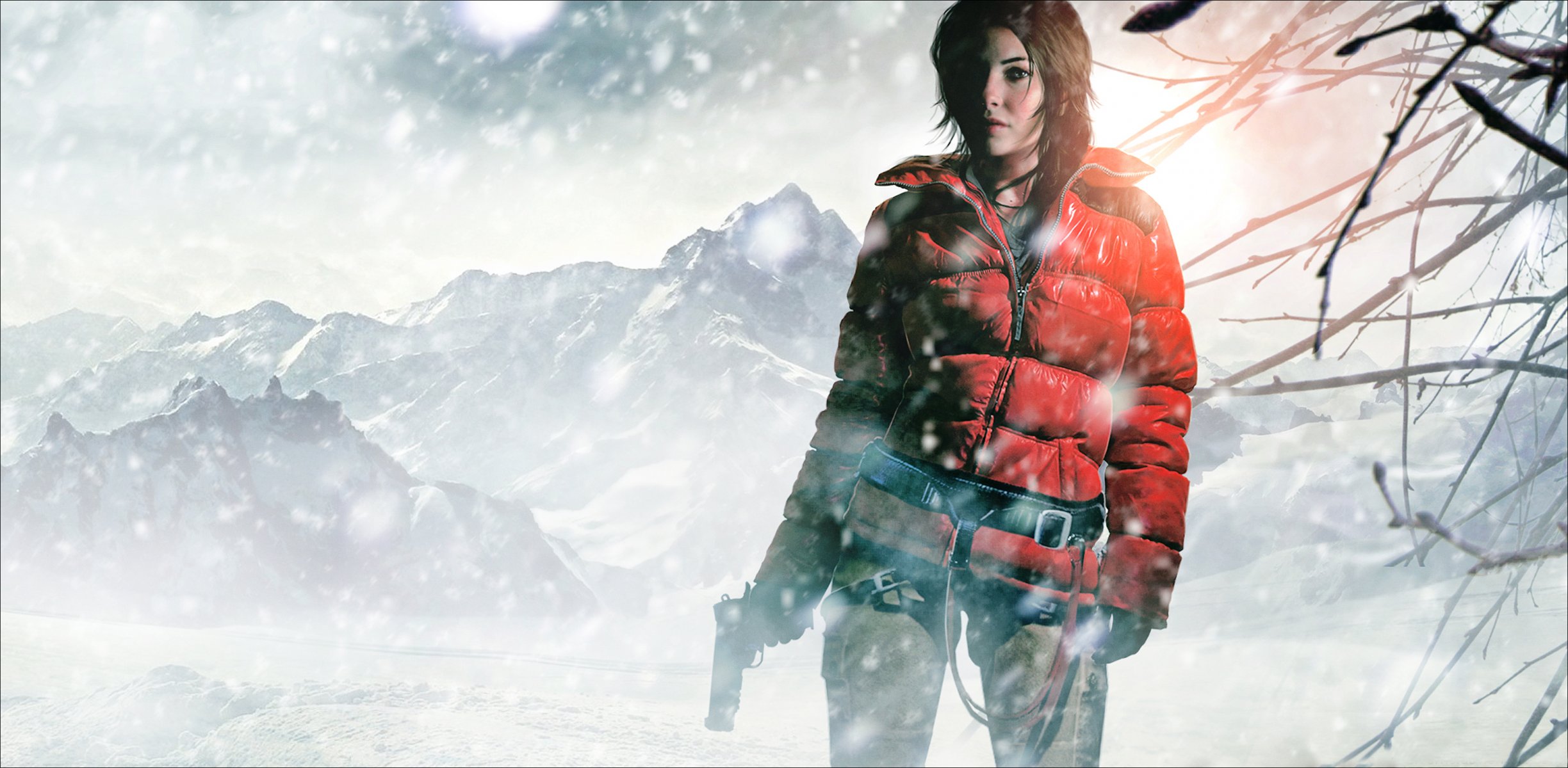 tomb raider rise of the tomb raider climbing tomb raider lara croft girl gun winter snow mountain wind