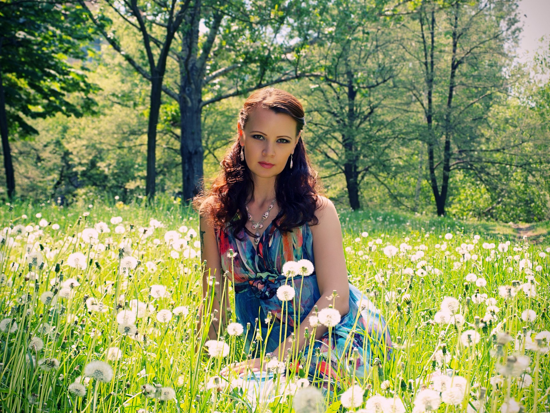 ummer girl brown hair hair style dress tree lawn dandelions green grass mood